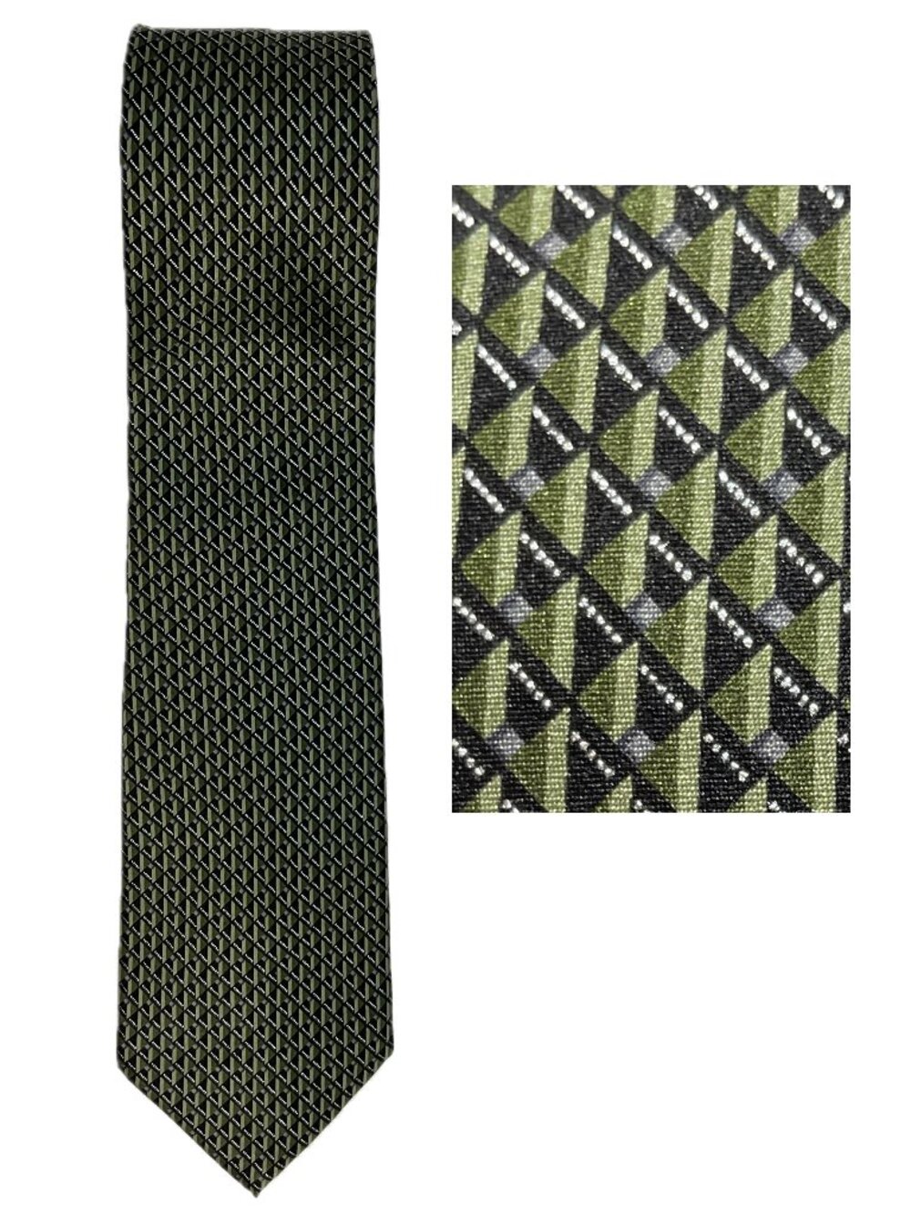 Arrow Mens Green Tie With Silver Metallic Accents 100% Silk Geometric